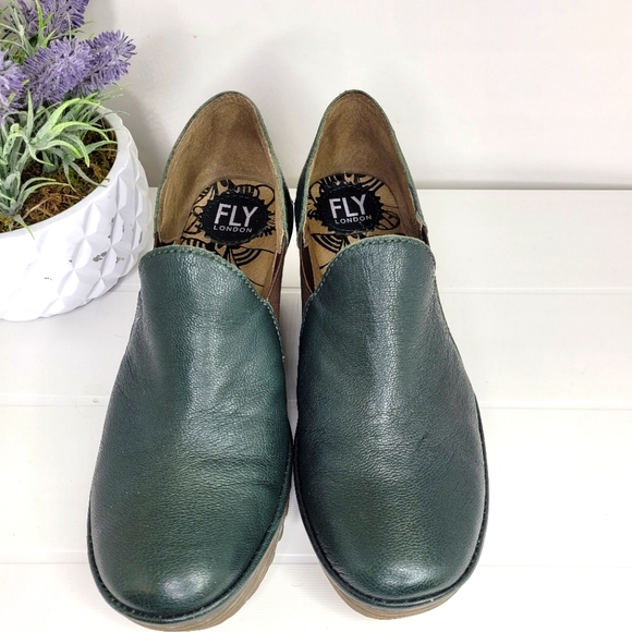 Fly London Yua Green Leather Platform Wedges 38 - Picture 2 of 9